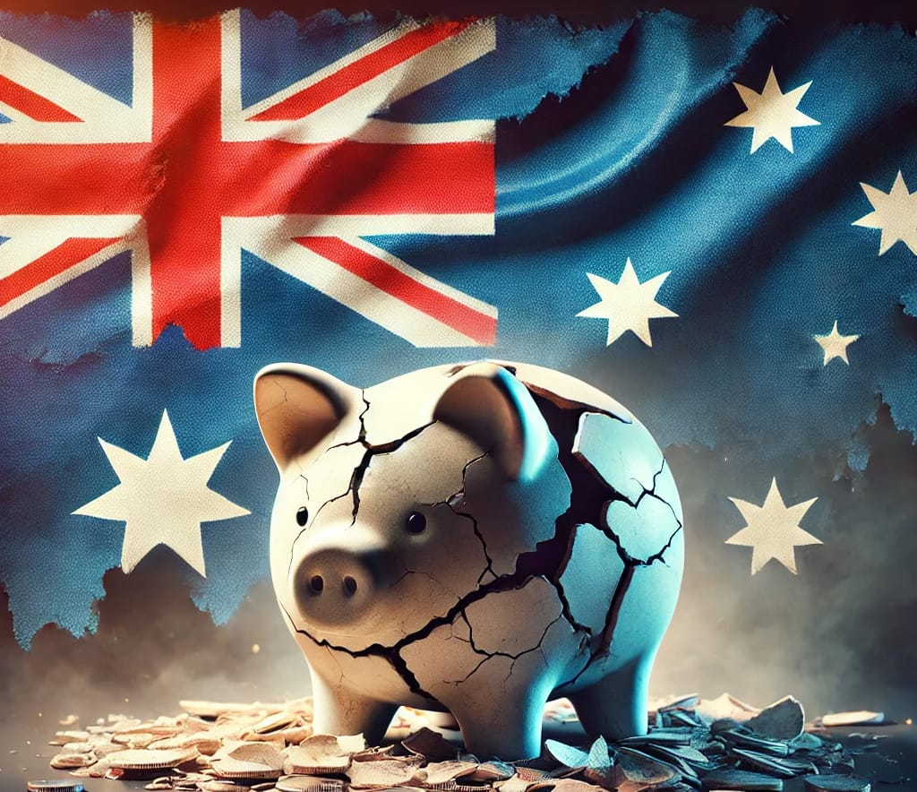 A cracked piggy bank against a faded Australian flag, symbolizing economic strain and challenges.