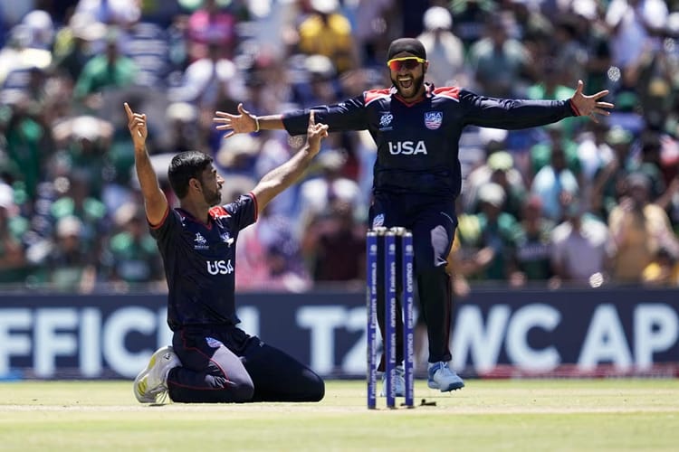 Team USA players celebrating a win over Pakistan at the T20 cricket World Cup.