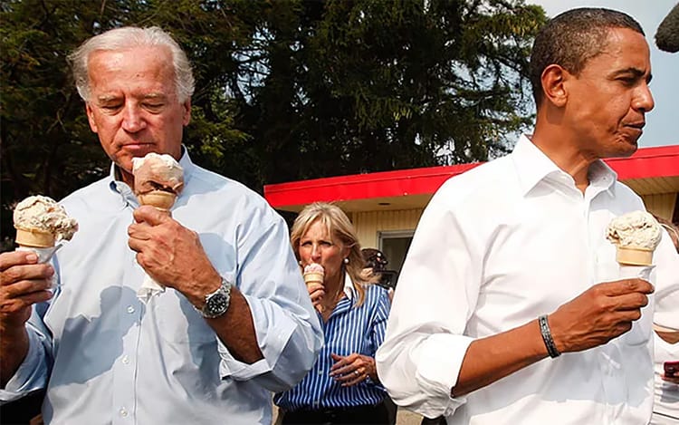 Joe Biden and Barrack Obama getting ice cream, 2008.