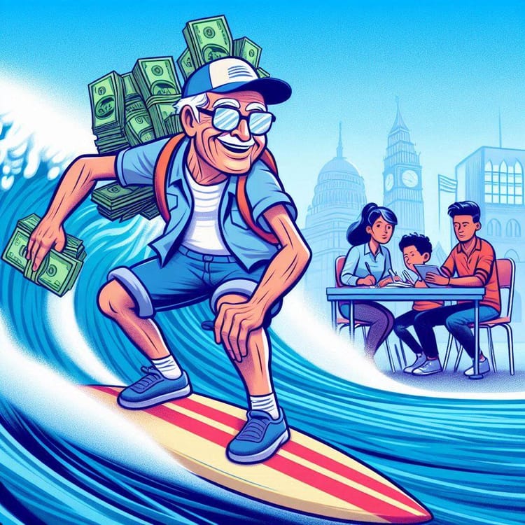 A cartoon of a boomer retiree riding a surfboard on a wave of money, with migrants in the background working and studying.